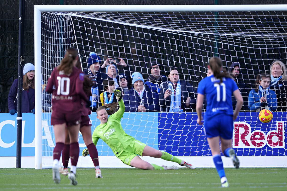 Mary Fowler (obscured) scores a penalty during the Barclays Women's Super League match at Walton Hall Park, Liverpool. Picture date: Sunday December 15, 2024.