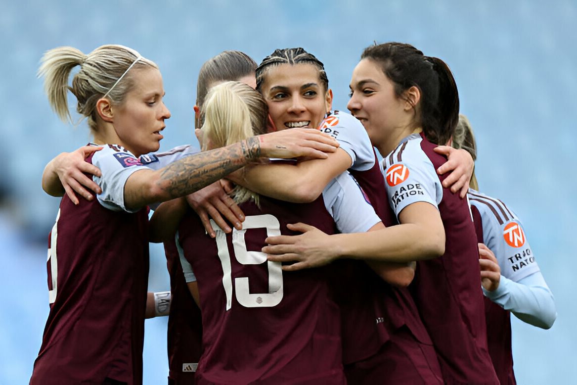 Adriana Leon of Aston Villa celebrates scoring her team's second goal during the Barclays Women's Super League match between Aston Villa and West Ham United at Villa Park on December 15, 2024 in Birmingham, England.