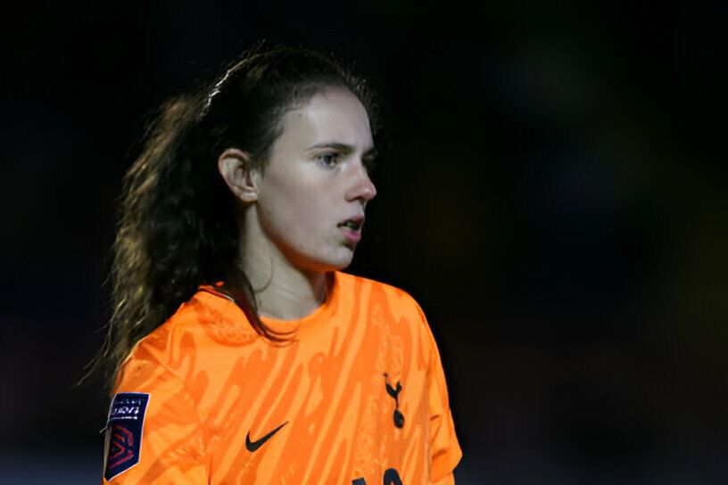 Eleanor Heeps of Tottenham Hotspur during the Barclays Women's Super League match between Brighton & Hove Albion and Tottenham Hotspur at Broadfield Stadium on December 14, 2024 in Crawley, England.