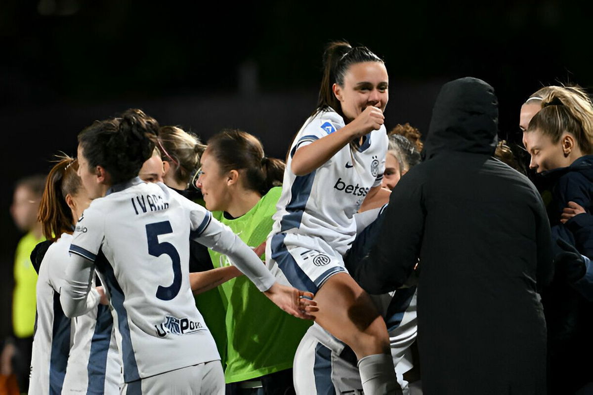 FC Internazional player Annamaria Serturini celebrates during the Serie A match between AS Roma v FC Internazionale at Stadio Tre Fontane on January 12, 2025 in Rome, Italy.