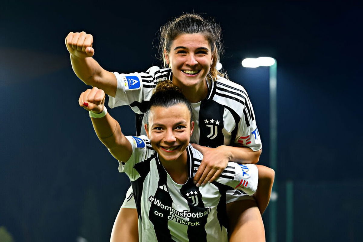 Arianna Caruso (left) and Sofia Cantore of Juventus celebrate after the Women Serie A match between Fiorentina and Juventus at Viola Park on December 15, 2024 in Florence, Italy