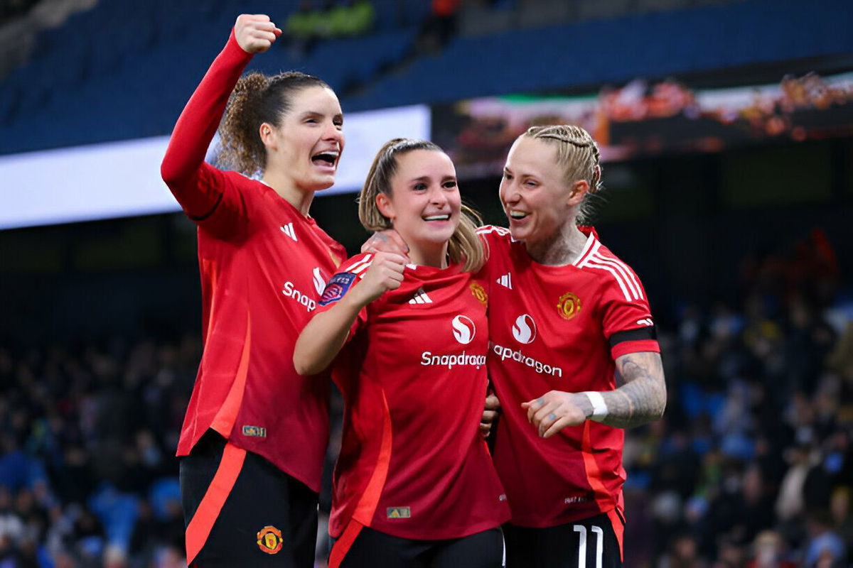 Ella Toone of Manchester United celebrates after scoring their side's fourth goal to complete their hat-trick during the Barclays Women's Super League match between Manchester City and Manchester United at Etihad Stadium on January 19, 2025 in Manchester, England.