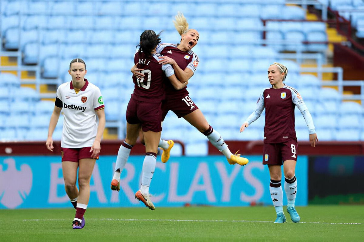 Adriana Leon of Aston Villa celebrates scoring her team's first goal during the Barclays Women's Super League match between Aston Villa and West Ham United at Villa Park on December 15, 2024 in Birmingham, England.