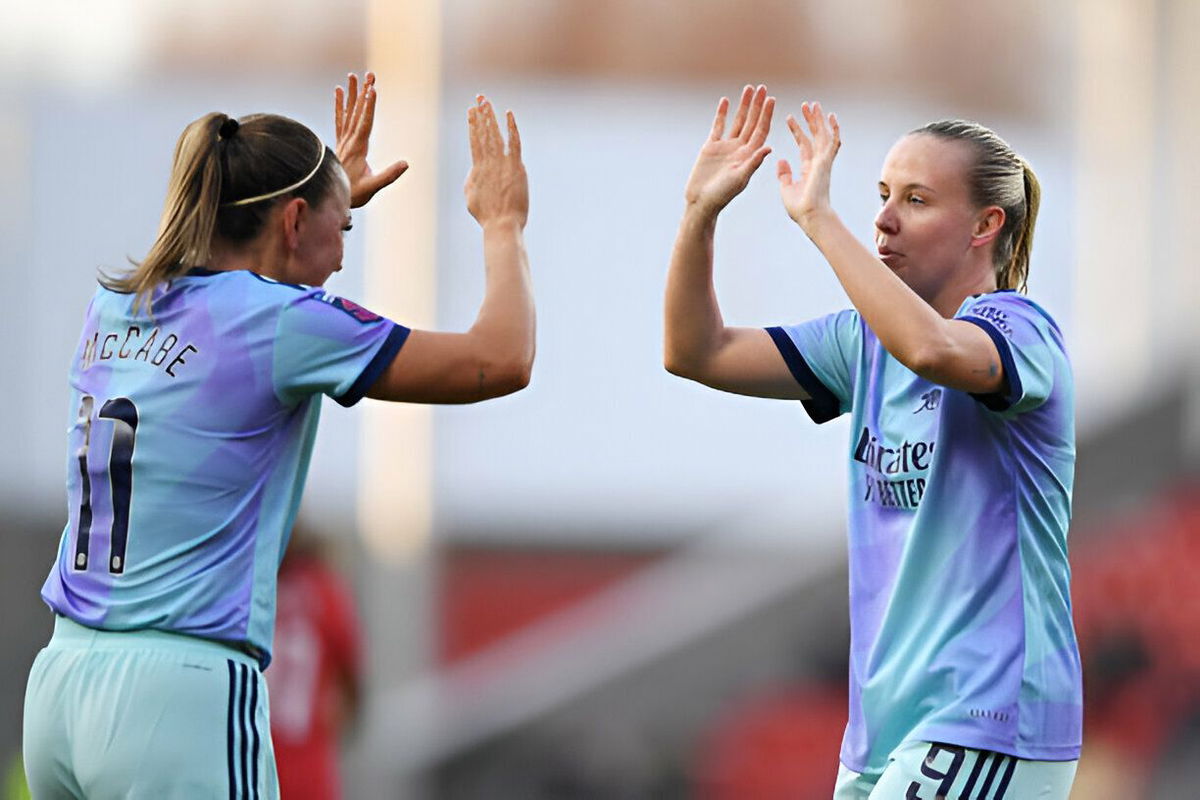 Katie McCabe and Beth Mead of Arsenal celebrate their team's first goal