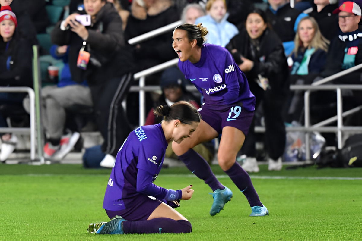  Orlando Pride react at the final whistle during the NWSL Championship game between Orlando Pride and Washington Spirit at CPKC Stadium